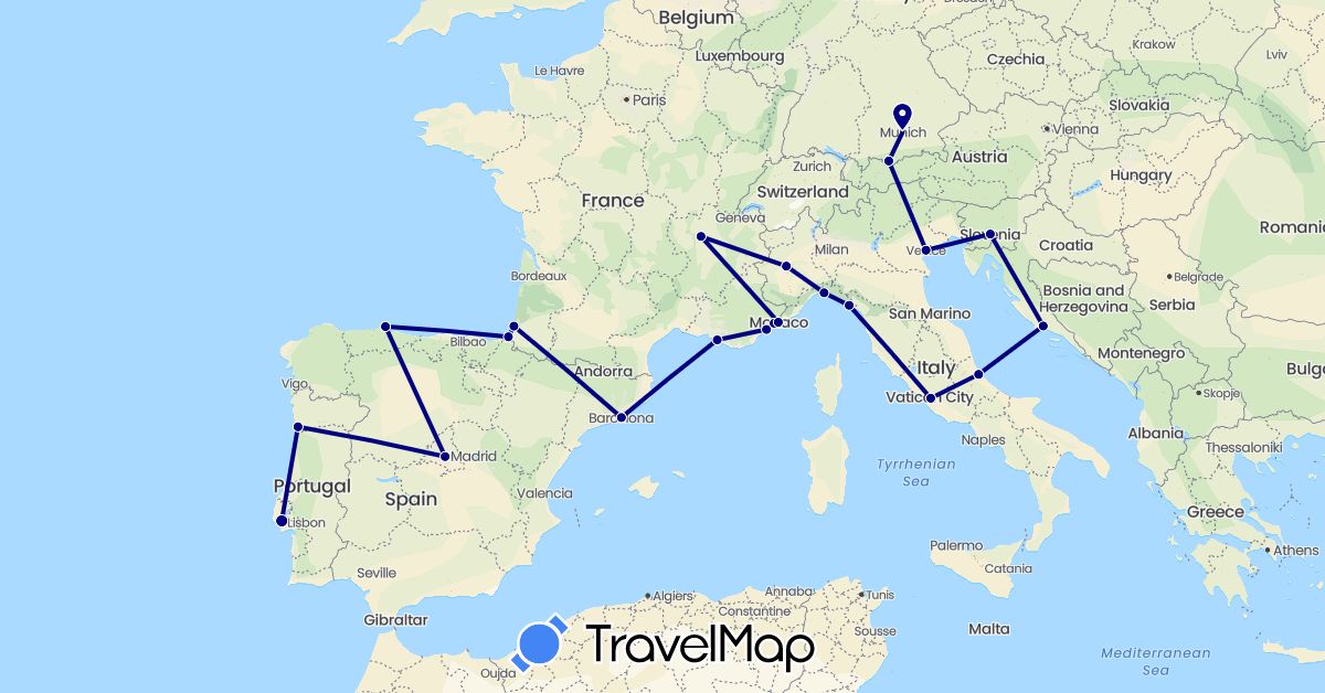 TravelMap itinerary: driving in Germany, Spain, France, Croatia, Italy, Portugal, Slovenia (Europe)